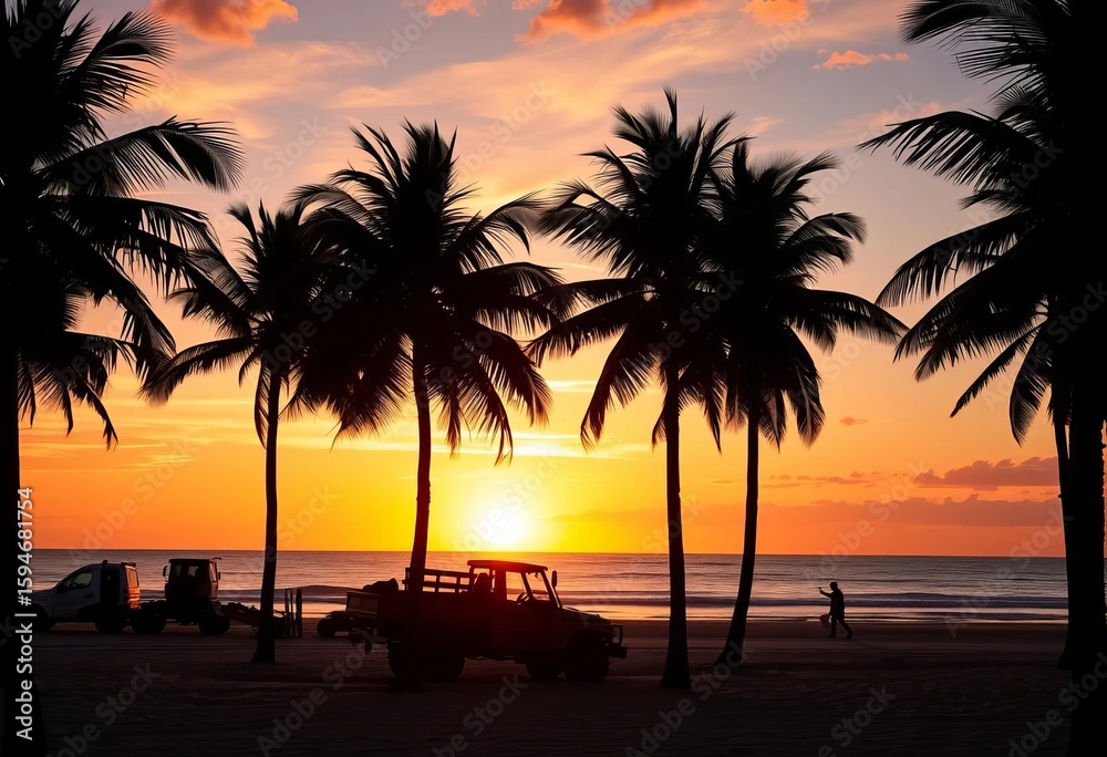Obraz premium Sunset silhouettes palm trees framing construction vehicle on sandy beach, serene, landscape