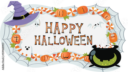 Happy halloween illustration with witch hat, pumpkins, candies, cauldron and spider web design frame