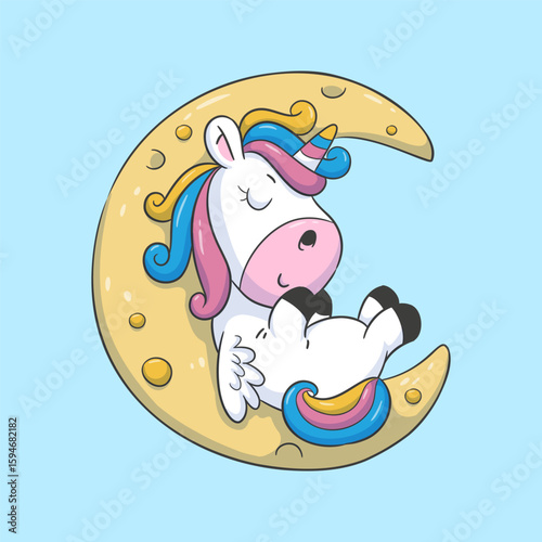 A cute unicorn peacefully sleeping on a crescent moon