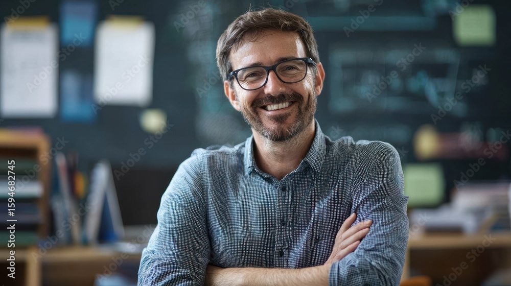 Obraz premium A man in a blue shirt with glasses, standing in a classroom with chalkboard and papers.