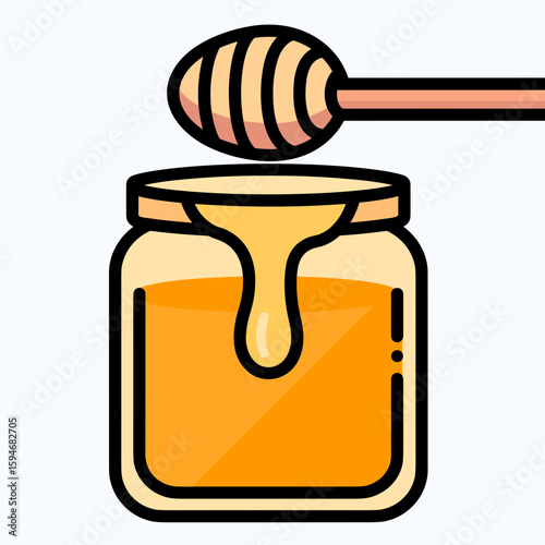 Vibrant illustration of a golden honey jar overflowing with rich, dripping liquid, paired with a pink-handled dipper featuring striped honey-holding section, set against a clean white background.