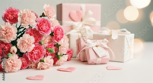Carnations & gifts, white surface, bokeh lighting behind