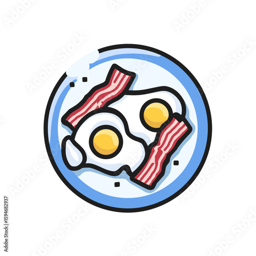 Colorful icon-style plate illustration with two fried eggs, bright yellow yolks, irregular whites, crispy bacon strips, red and white layers, white background, minimalistic design