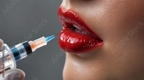 Glossy red lips with syringe approaching in close-up on neutral background. Concept of beauty procedures and cosmetic enhancement
