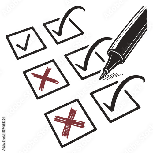 Hand drawn checklist with checkmarks and crosses being marked by a pen