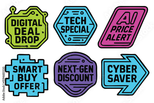 Colorful vector badges showcase cyber sale offers including tech specials and digital deal drops for shoppers.