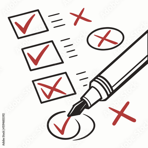 Hand drawn checklist with red checkmarks and crosses being marked by a pen