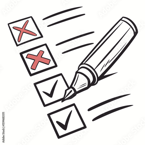 Hand drawn checklist with red crosses and green ticks being marked by a pen