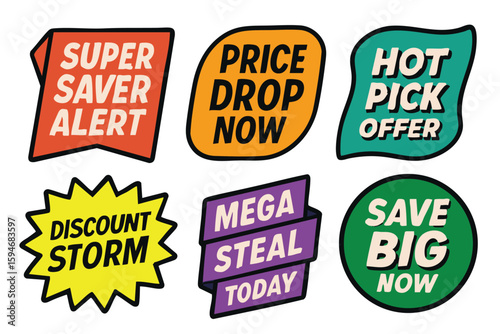 Bright promotional badges showcase super saver alert, price drop, hot pick and discount marketing