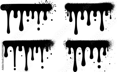 Black dripping paint splatters with textured edges vector