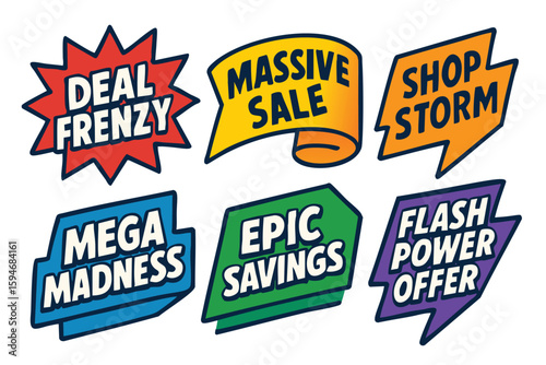 Colorful sale burst stickers promoting deal frenzy, massive sale, shop storm, mega madness, epic savings, and a flash power offer.