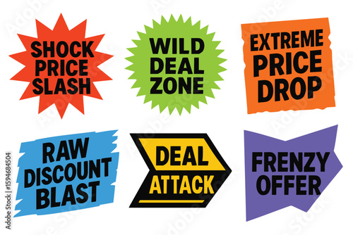 Vibrant retail sale signs showcasing special offers such as discount blast and price slash for promotional advertisement needs.