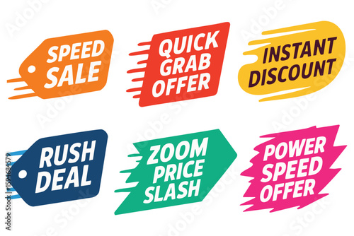 Vibrant sale promotion labels highlight special offers like rush deals, quick grabs, and instant discounts to entice buyers.