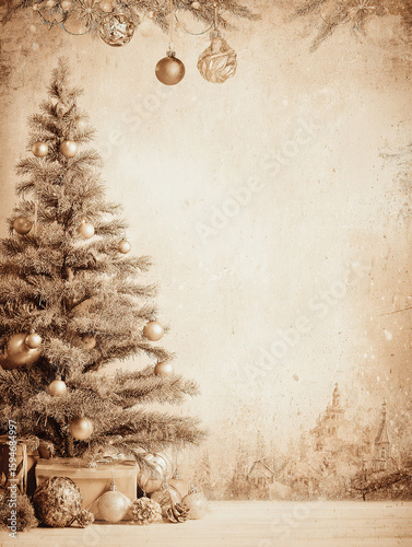 Sepia toned Christmas tree with ornaments and gifts