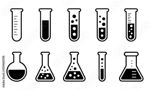 Black laboratory glassware with liquid and bubbles test tubes