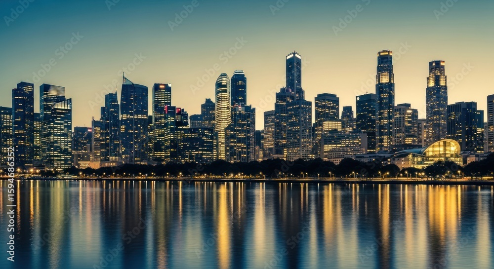 Fototapeta premium Cityscape reflects in water during twilight