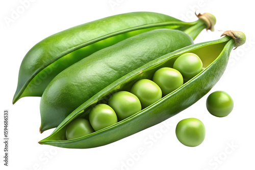 A vibrant closeup of fresh green peas in their pods, isolated on transparent background, highlighting their natural beauty and nutritional value