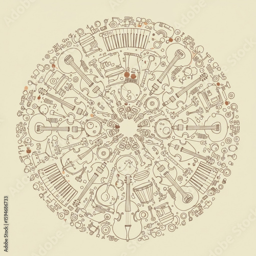 Circular arrangement of musical instruments in a doodle art style