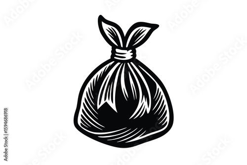 Stylized Black And White Trash Bag Illustration With Knotted Top Art