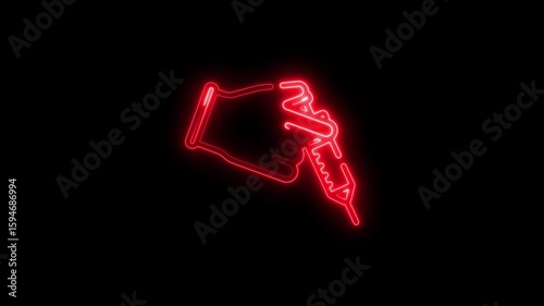 Red neon illustration of a hand holding a syringe on a black background