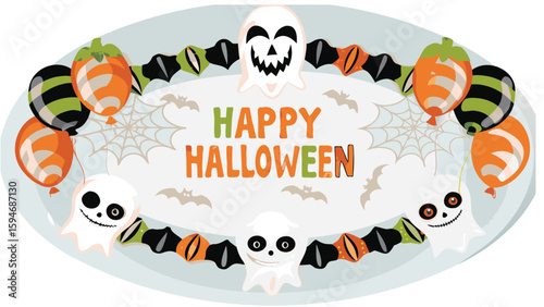 A festive halloween platter with ghosts, bats, balloons, and a happy halloween message on a white background
