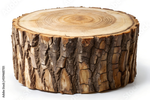 A detailed closeup of a tree trunk section, isolated on white background, showcasing the intricate rings and textures of the wood