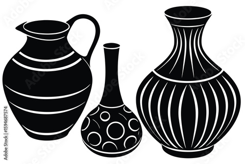Three Black and White Vessels Jug, Bottle, and Vase with Unique Artistic Designs