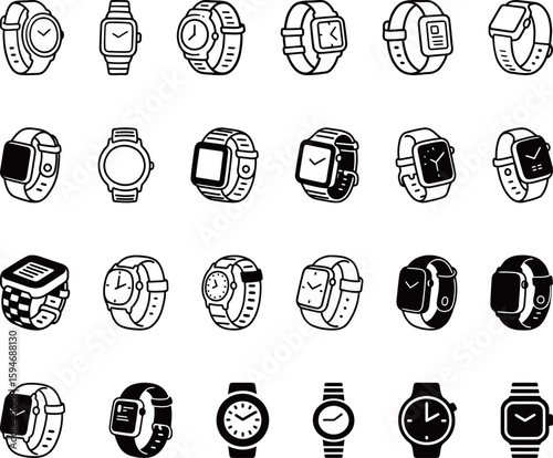 Set of Black and White Watch Icons for Timekeeping Graphics