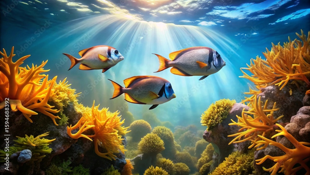 Naklejka premium Radiant Sunlight Illuminates Vibrant Reef Fish and Golden Coral in a Serene Underwater Scene