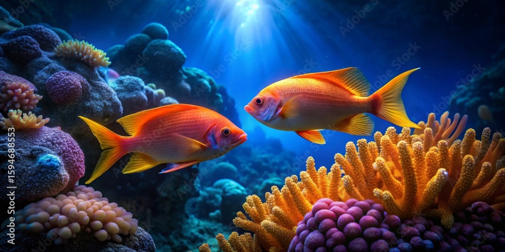 Naklejka premium Vibrant orange fish swim amidst a breathtaking underwater coral reef scene, showcasing the beauty of marine life in a vivid and detailed image.