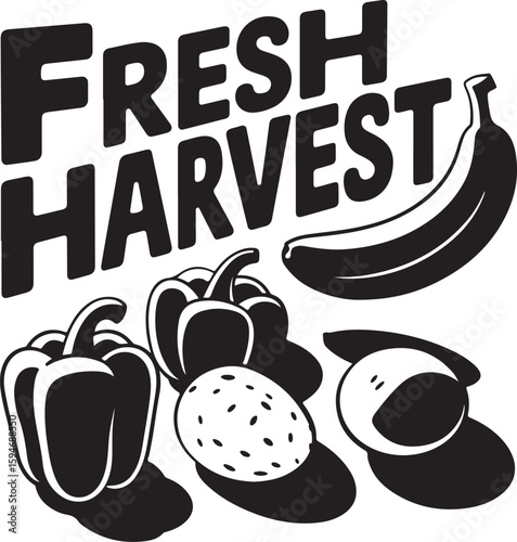 Bold black and white illustration of fresh harvest produce featuring a banana bell peppers and potatoes
