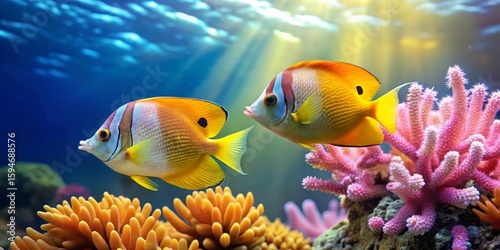 Two vibrant tropical fish gracefully swim amidst a coral reef, bathed in sunlight