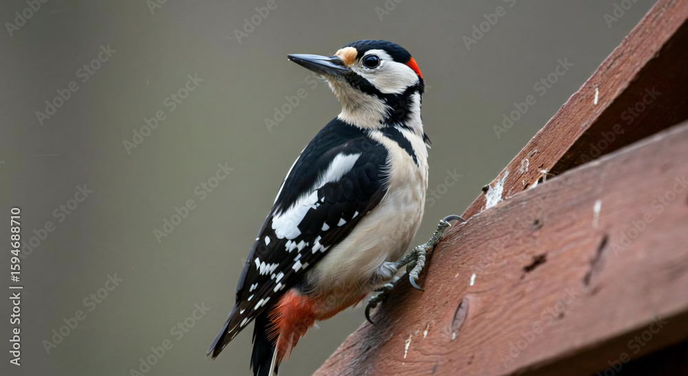 Obraz premium Majestic great spotted woodpecker bird perched on rustic wooden beam.