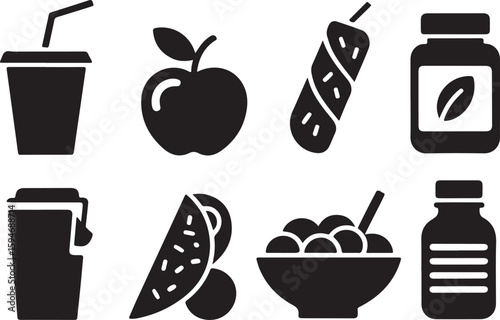 Collection of healthy food and drink icons in silhouette