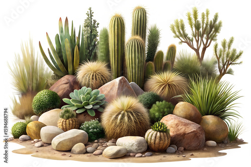 A diverse collection of cacti and succulents arranged with rocks and sand creates a miniature desert landscape isolated on transparent background