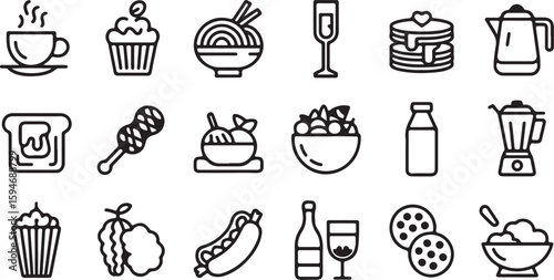 Food and kitchen icons set black line style cooking utensils restaurant cafe menu symbols vector illustration design elements