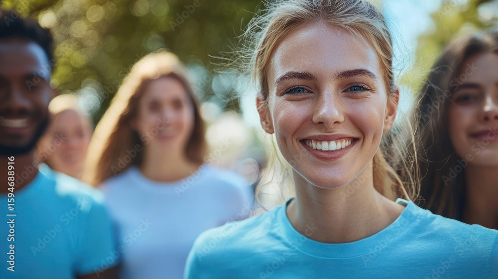A diverse group of young adults standing outdoors in a park, smiling and looking towards the camera. A diverse group of young adults standing outdoors in a park, smiling and looking towards the camera.