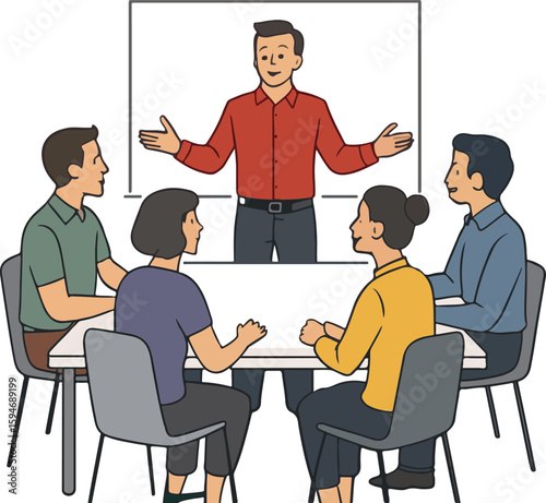 Team meeting presentation illustrated with a leader giving a presentation in front of colleagues