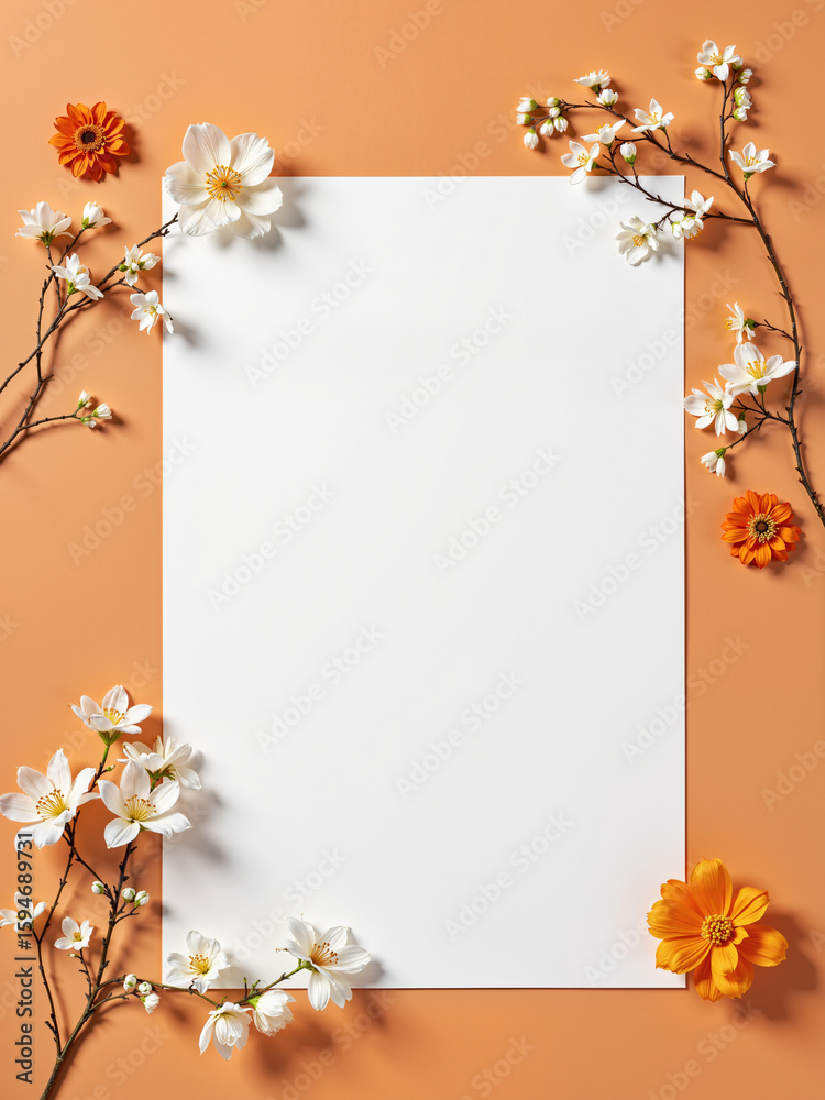 Fototapeta premium white paper frame with cherry blossom