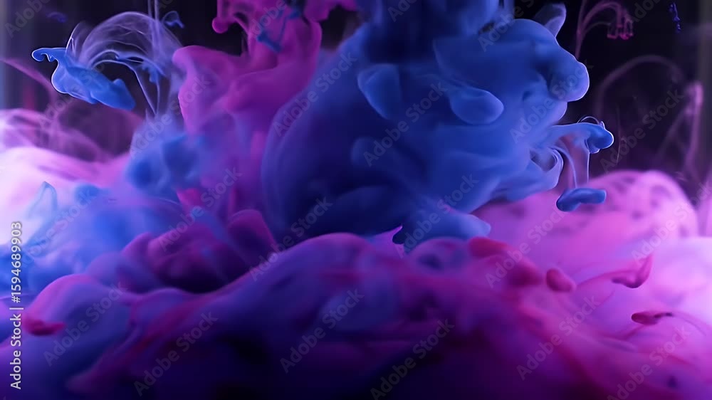 Vibrant blue and purple ink swirls and mixes in water in slow motion creating a stunning abstract colorful fluid art background video