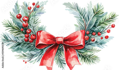 Watercolor Christmas Wreath with Red Bow and Berries on White Background