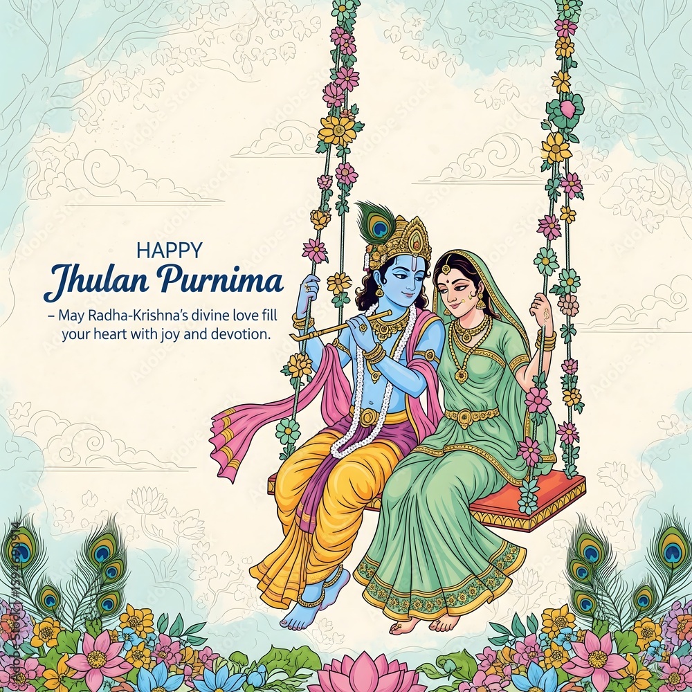 Fototapeta premium Lord krishna and radha swinging on a decorated swing during jhulan purnima festival