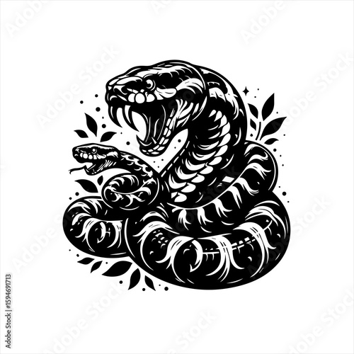 Vector art of aggressive snake with fangs