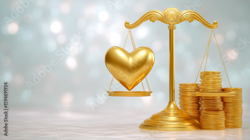 Golden heart rests on a scale beside a stack of coins, indicating balance between love and wealth. Sparkling background enhances the theme of value. Concept of finance, emotions, relationships