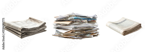 A collection of stacks of torn paper and new newspapers isolated on a transparent background. PNG