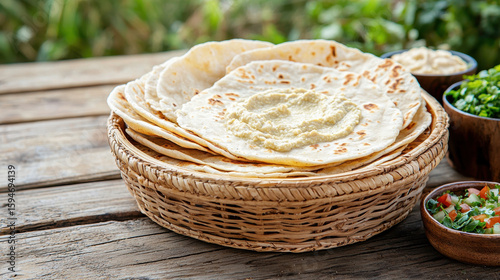 Fresh pita bread served with creamy dip and fresh salad on rustic wooden table, evoking warm and inviting atmosphere