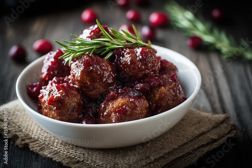 Appetizing meatballs covered in a glossy cranberry sauce garnished with fresh rosemary Rustic wood background