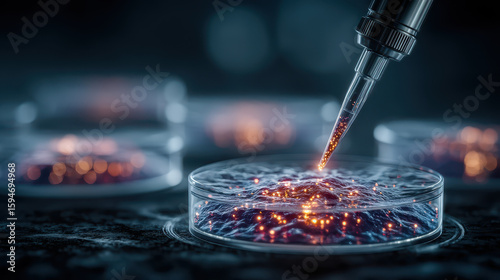 Futuristic regenerative medicine lab where scientists innovate with 3D bioprinting of organs and glowing stem cells