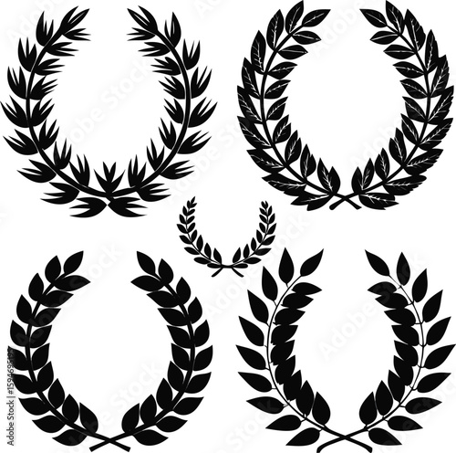 Gold winner laurel wreaths vector set with floral leaves and award decoration icons