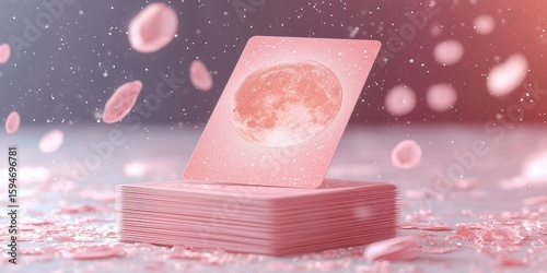 Pastel Halloween theme idea. Floating tarot card surrounded by pink petals and soft rain droplets.